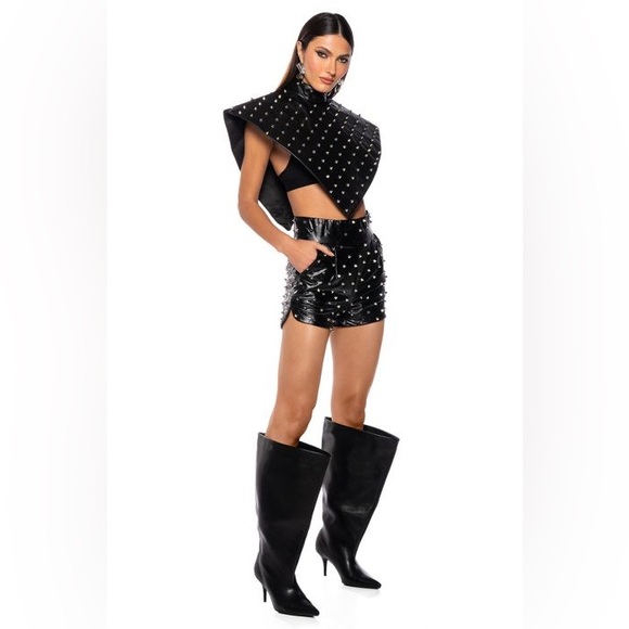 Faux Leather Stud Mock Neck Triangle Blouse & HBIC FAUX LEATHER SPIKE Shorts - Picture 2 of 15